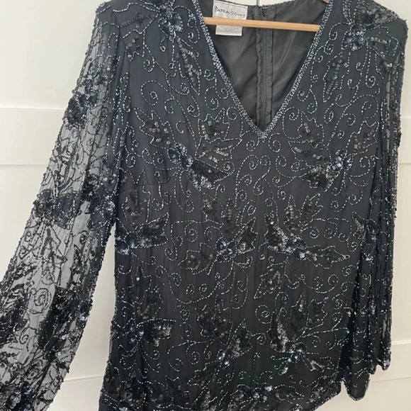 80’s Vintage Black Beaded Silk Top With Shear Sleeves S 2X (Large) New Year’s! - Picture 2 of 15